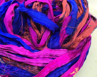 Fuchsia Sari Silk Ribbon: Torn Edge Recycled Fabric, 4 Yards