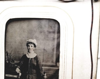 The Merry Widow Collaged Canvas Art- Wire , Tin Type, metal embellishments, Original Artwork