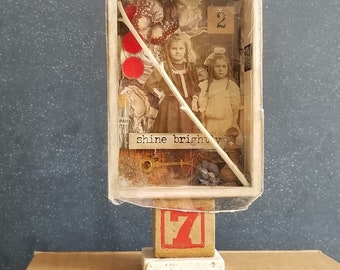 Girl Collage Box Assemblage: Vintage Toy Block Art