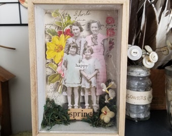 Happy Spring Shadow Box: Vintage Millinery Assemblage Art