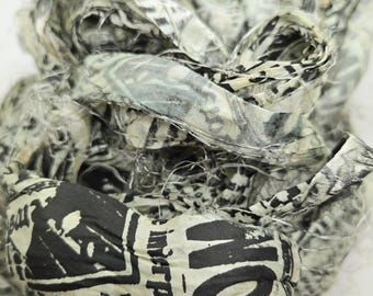 Newsprint Sari Silk Ribbon: Black, White, Beige Torn Edge - 4 Yards