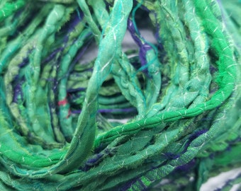 Green Sari Silk Cording: Recycled Fabric, Junk Journal Supply (2 Yards)