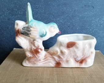 Vintage Blue Bird Planter: Hand Painted Porcelain, Japan