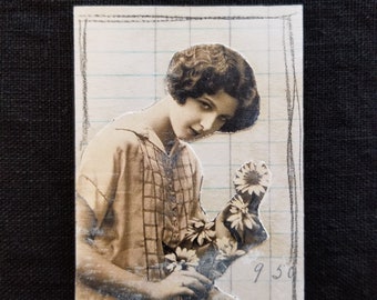 Woman with Daisies: Original Altered Art Trading Card