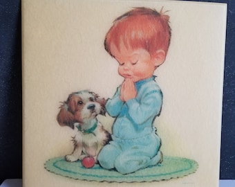 Vintage Plastic Plaque- Little Praying Boy with Puppy- Vintage Religious Decor, Pete Hawley 1962