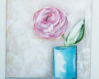 Floral Acrylic Painting: Pink Rose in Blue Vase, Unframed Canvas