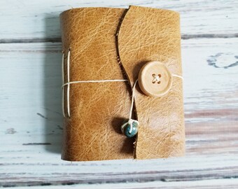 Reclaimed Leather Mini Notebook- Textured Light brown with wood button closure