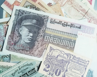 Vintage Used World Currency Pkg of 7 Collage Assemblage Supplies Flea Markets