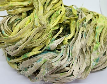 Lemon Lime Sari Silk Ribbon: Torn Edge Recycled Fabric, 4 Yards