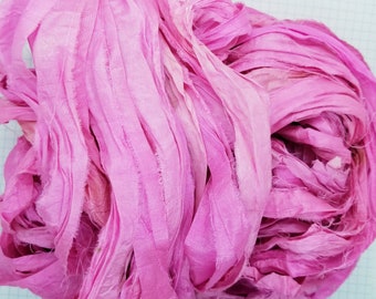 NEW! Hot Pink Sari Silk Ribbon, 4 Yards, Torn Edge, Junk Journals, Tag Art, Assemblage Supply, Recycled Sari Fabric