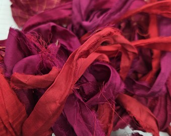 NEW! Spicy Red & Magenta Sari Silk Ribbon: Torn Edge Recycled Fabric, 4 Yards