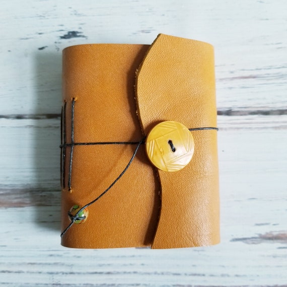 Reclaimed Leather Mini Notebook- Lightly Textured brown with vintage button closure