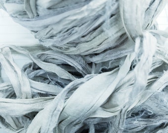 Silvery Gray Sari Silk Ribbon: Torn Edge, 4 Yards