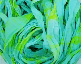 Lime Sorbet Sari Silk Ribbon: Torn Edge Recycled Fabric, 4 Yards