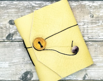 Reclaimed Leather Mini Notebook- Pebbled Buttery Yellow with handmade wood button closure