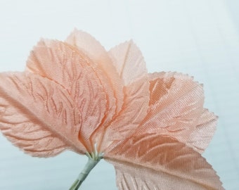 12 Vintage Coral Pink Satin Leaves sprays, millinery flowers, cottagecore