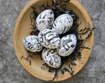 6 Black & White Collaged Eggs- Rustic Decor, Spring or Easter Decoration