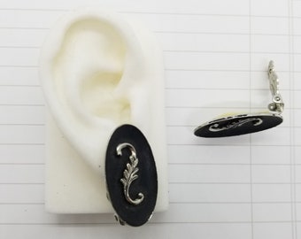 Vintage Black Scroll Clip On Earrings: Silver Tone Plastic