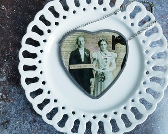 Glass Heart Wall Art- Collaged glass vintage papers