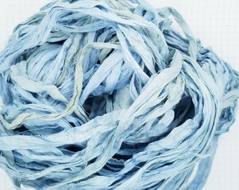 NEW! Chambray Blue- Sari Silk Ribbon, 4 Yards, Torn Edge, Junk Journals, Tag Art, Assemblage Supply, Recycled Sari Fabric