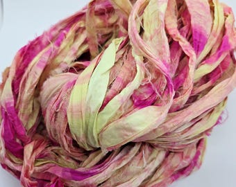 Pink & Yellow Sari Silk Ribbon: fruit pop Torn Edge Recycled Fabric, 4 Yards