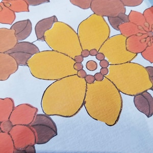 May include: A vintage floral pattern featuring a large yellow flower with a brown centre and smaller orange flowers with brown stems.