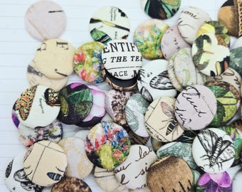 12 Fabric Scrapbook Flair Flat Back Buttons- Tim Holtz style mixed media collage
