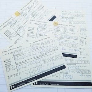 Cartes de changement d'adresse postale vintage - années 1970. Éphémères de Postes Canada
