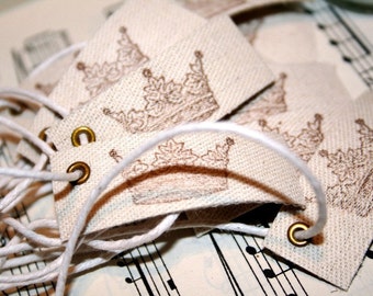 Shabby Paris Crown Fabric Tags- Hand Stamped Vintage Style- Pack of 5