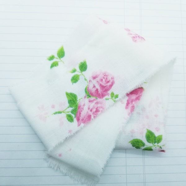 Pink Roses Wide Torn Cotton Polyester Ribbon- Recycled Vintage Fabric- 4 yards