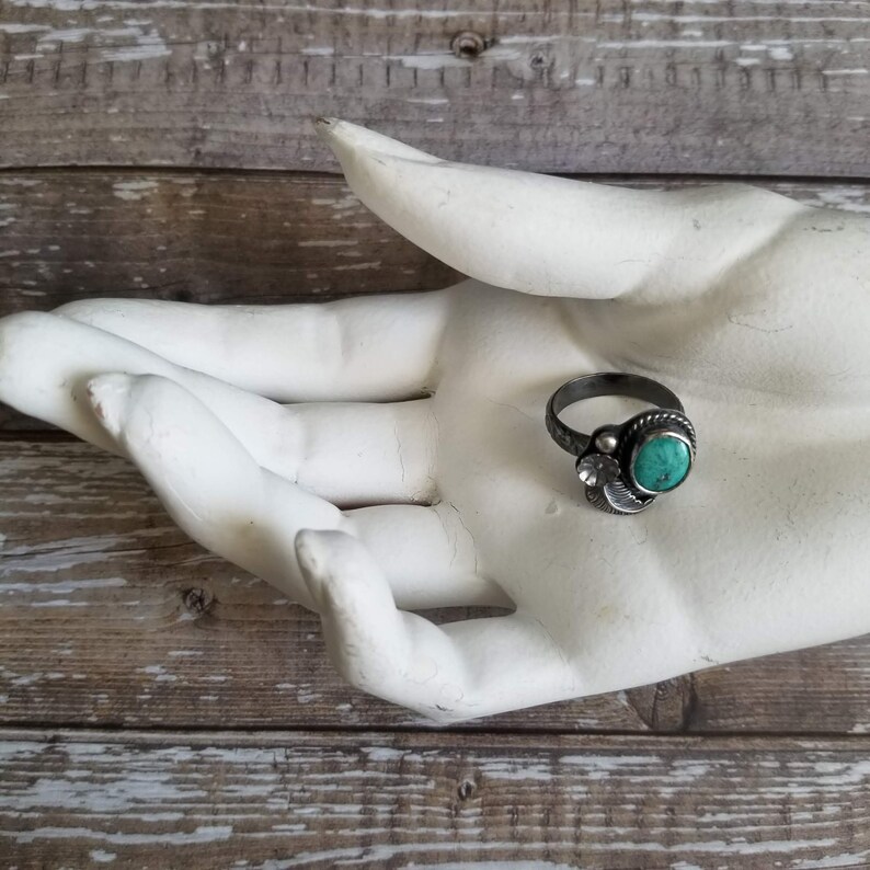 Stamped Sterling Ring Floral Ring Boho Ring Western Ring Sterling Silver /& Turquoise Stone Ring
