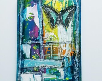 Small Art Abstract Artwork-Blue Butterfly- 5x7 Colorful Artwork- Acrylic, Markers, Collage