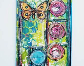 Small Art Abstract Artwork-Orange Butterfly- 5x7 Colorful Artwork- Acrylic, Markers, Collage