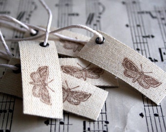 Shabby Paris Moth Fabric Tags- Hand Stamped Vintage Style