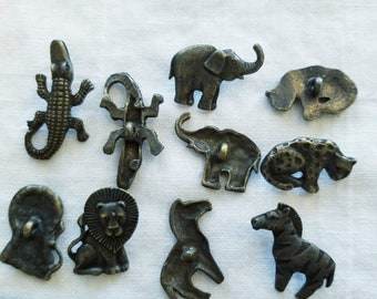 10 vintage metal animal buttons- gator, elephant, lion, leopard, zebra buttons