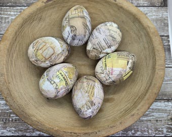 6 Brown & Beige Collaged Eggs- Rustic Decor, Spring or Easter Decoration