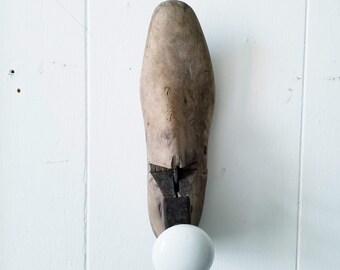 Vintage Wood Shoe Last Coat Hook with Porcelain Knob
