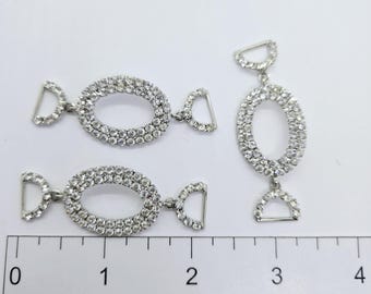3 Vintage Oval Silver Plated Rhinestone Links