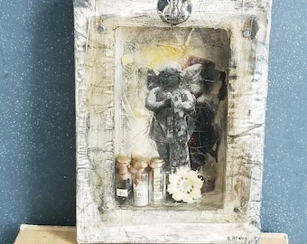 Angel collage in Niche, Bottles, Wax,Photograph, antique papers