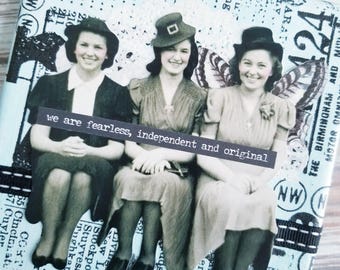 Trio of Women in Blue Collage on Canvas 5x7