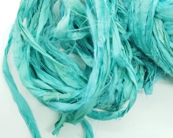 Surf's Up Blue Sari Silk Ribbon: Torn Edge Recycled Fabric, 4 Yards