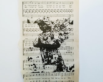 Black Ink Cherub Angel Goco Print on Vintage Hymnal Page-Cemetery Angel Statue, Original Art