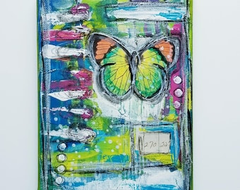 Small Art Abstract Artwork-Lime Green & Orange Butterfly- 5x7 Colorful Artwork- Acrylic, Markers, Collage