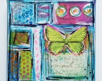 Mini Art Abstract Artwork- Green Butterfly Colorful Artwork- Acrylic, Markers, Collage