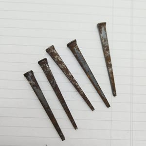 May include: Five antique, hand-forged iron nails with a weathered, rusted patina. Each nail features a flat, rectangular head and a tapered, square-cut shank. The metal surfaces show significant oxidation and dark brown, textured corrosion.