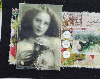 Collaged Cotton Canvas Pouch Lady with Roses