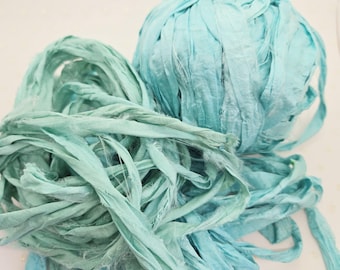 Blue Skies Sari Silk Ribbon: Torn Edge Recycled Fabric, 4 Yards