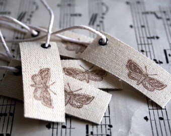 Shabby Paris Moth Fabric Tags- Hand Stamped Vintage Style