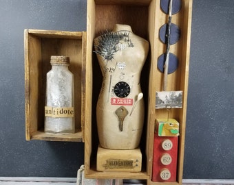 Altered Boxes, Collaged Artwork,  Mannikin Poison, Female Form, Interactive artwork -Viola