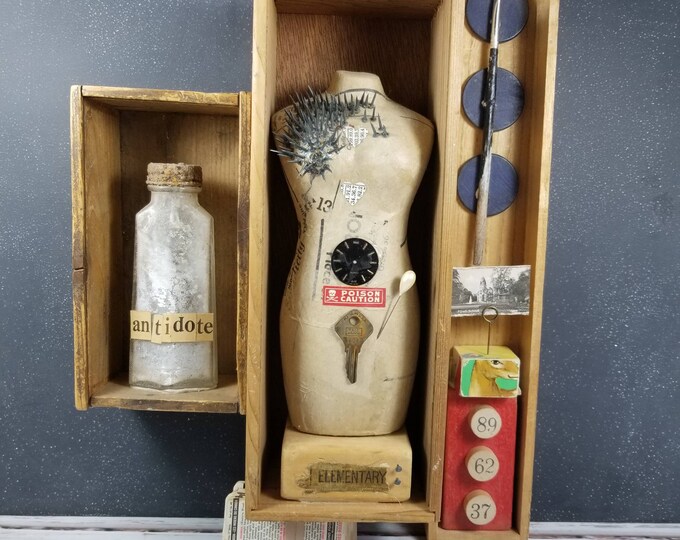 Featured listing image: Altered Boxes, Collaged Artwork,  Mannikin Poison, Female Form, Interactive artwork -Viola